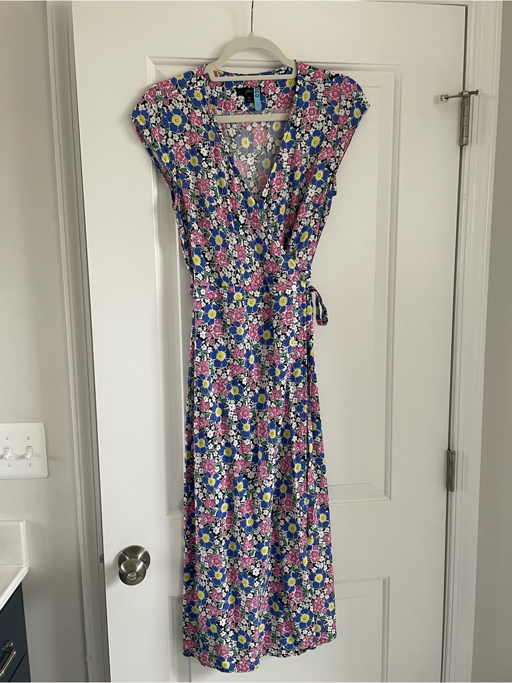 J. Crew Floral Wrap Midi Dress in Blue, Pink & Yellow